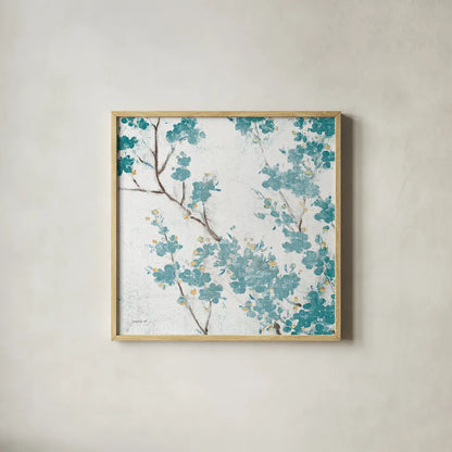 Teal Cherry Blossoms II on Cream Aged no Bird by Danhui Nai. Shown in a natural wood glass frame for a timeless modern aesthetic. Available as an archival giclee rolled canvas, fine art paper, or poster print. SKU 31635a.