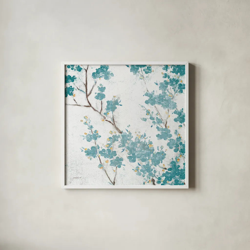 Teal Cherry Blossoms II on Cream Aged no Bird by Danhui Nai. Shown in a crisp white glass frame for a clean and minimalist style. Available as an archival giclee rolled canvas, fine art paper, or poster print. SKU 31635a.