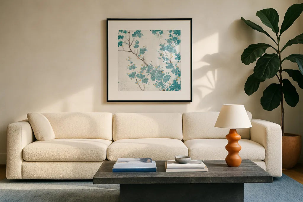 Teal Cherry Blossoms II on Cream Aged no Bird by Danhui Nai. Displayed in a glass frame with matte in a clean modern living room. Available as an archival giclee rolled canvas, fine art paper, or poster print. SKU 31635a.