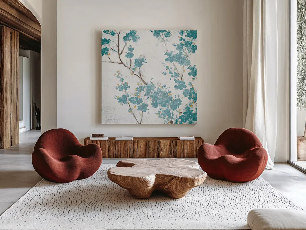 Teal Cherry Blossoms II on Cream Aged no Bird by Danhui Nai. Shown as extra-large giant wall art in a modern living room. Available as an archival giclee rolled canvas, fine art paper, or poster print. SKU 31635a.