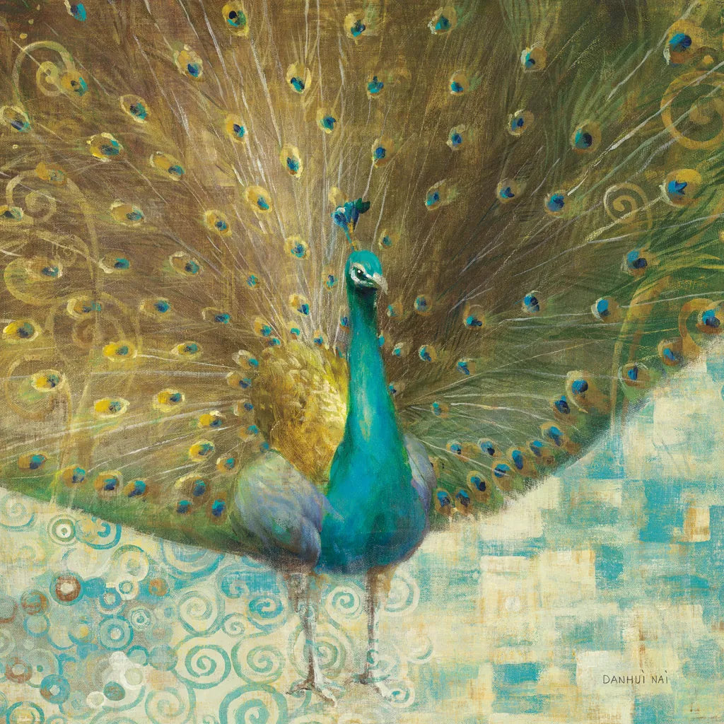 Teal Peacock on Gold by Danhui Nai. SKU 11397a. Archival Giclee Fine art print for wall decor.