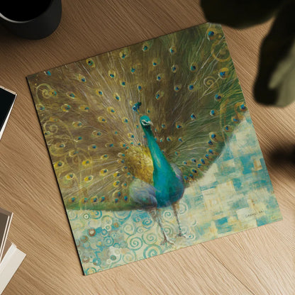 Teal Peacock on Gold by Danhui Nai. Shown as a detailed flat fine art print, highlighting archival giclee quality. Available as an archival giclee rolled canvas, fine art paper, or poster print. SKU 11397a.