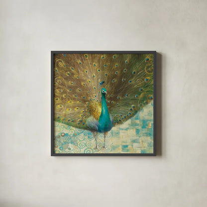 Teal Peacock on Gold by Danhui Nai. Shown in a sleek black glass frame for a contemporary gallery look. Available as an archival giclee rolled canvas, fine art paper, or poster print. SKU 11397a.