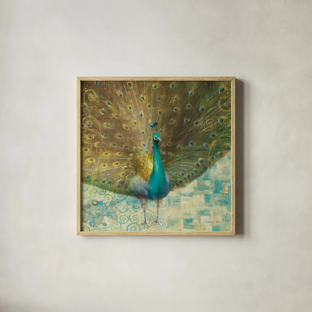 Teal Peacock on Gold by Danhui Nai. Shown in a natural wood glass frame for a timeless modern aesthetic. Available as an archival giclee rolled canvas, fine art paper, or poster print. SKU 11397a.