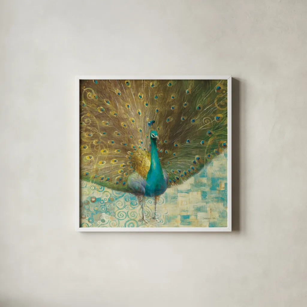 Teal Peacock on Gold by Danhui Nai. Shown in a crisp white glass frame for a clean and minimalist style. Available as an archival giclee rolled canvas, fine art paper, or poster print. SKU 11397a.