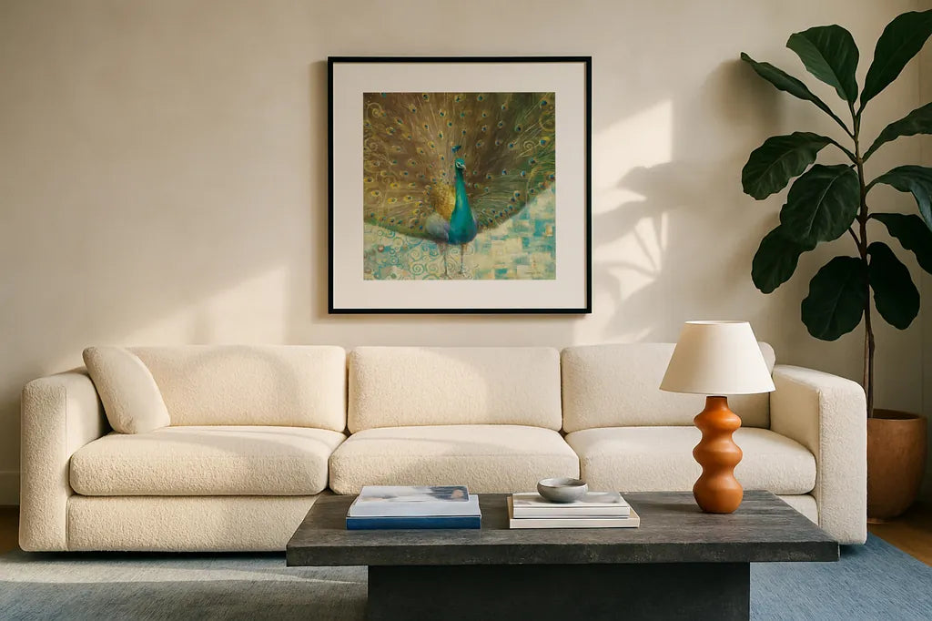 Teal Peacock on Gold by Danhui Nai. Displayed in a glass frame with matte in a clean modern living room. Available as an archival giclee rolled canvas, fine art paper, or poster print. SKU 11397a.