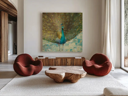 Teal Peacock on Gold by Danhui Nai. Shown as extra-large giant wall art in a modern living room. Available as an archival giclee rolled canvas, fine art paper, or poster print. SKU 11397a.