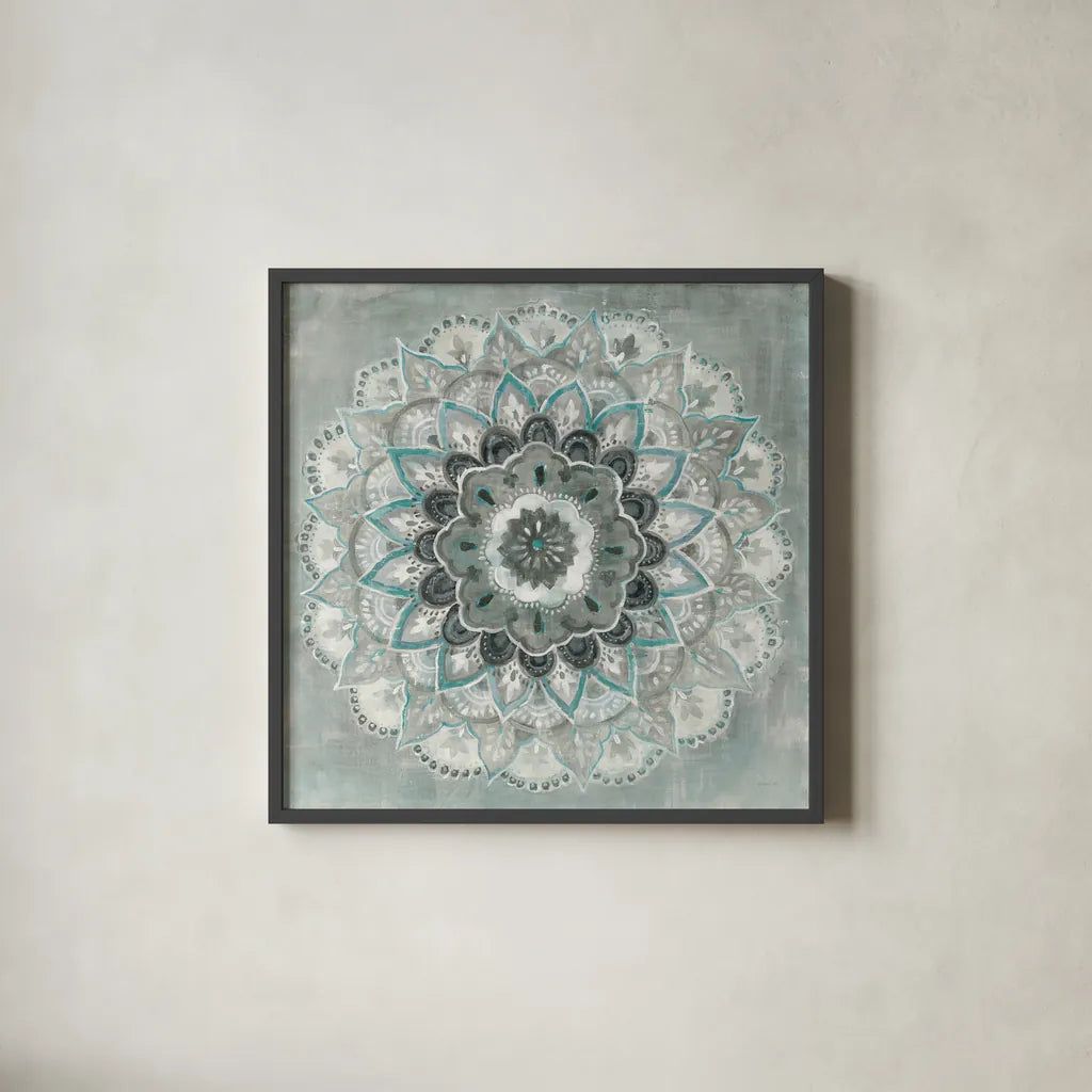Teal Sunburst by Danhui Nai. Shown in a sleek black glass frame for a contemporary gallery look. Available as an archival giclee rolled canvas, fine art paper, or poster print. SKU 43910a.