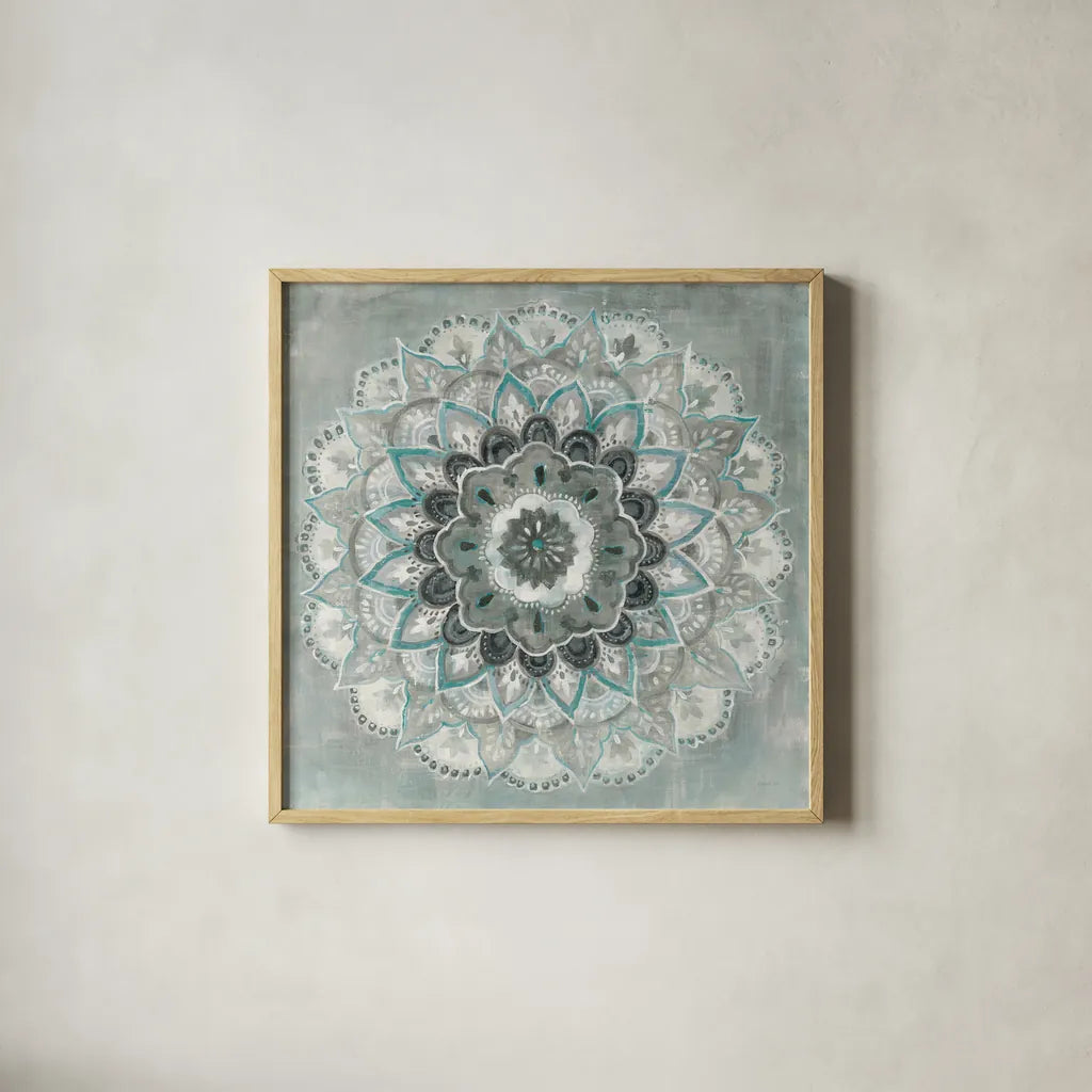 Teal Sunburst by Danhui Nai. Shown in a natural wood glass frame for a timeless modern aesthetic. Available as an archival giclee rolled canvas, fine art paper, or poster print. SKU 43910a.