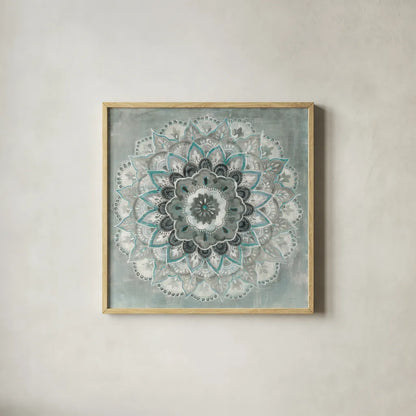 Teal Sunburst by Danhui Nai. Shown in a natural wood glass frame for a timeless modern aesthetic. Available as an archival giclee rolled canvas, fine art paper, or poster print. SKU 43910a.