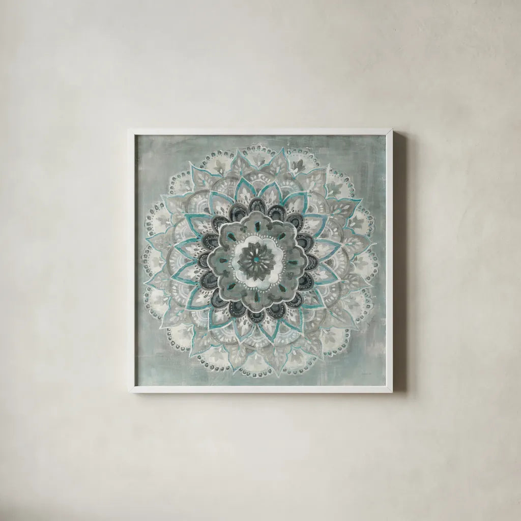 Teal Sunburst by Danhui Nai. Shown in a crisp white glass frame for a clean and minimalist style. Available as an archival giclee rolled canvas, fine art paper, or poster print. SKU 43910a.