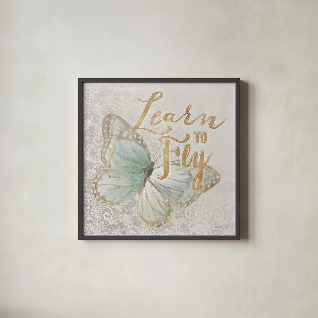 Textile Floral Butterfly I by Danhui Nai. Shown in a sleek black glass frame for a contemporary gallery look. Available as an archival giclee rolled canvas, fine art paper, or poster print. SKU 25975a.