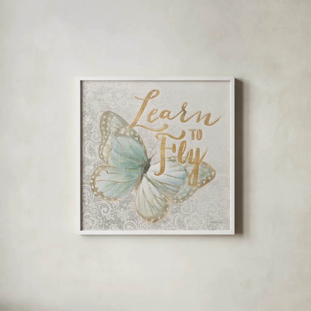 Textile Floral Butterfly I by Danhui Nai. Shown in a crisp white glass frame for a clean and minimalist style. Available as an archival giclee rolled canvas, fine art paper, or poster print. SKU 25975a.
