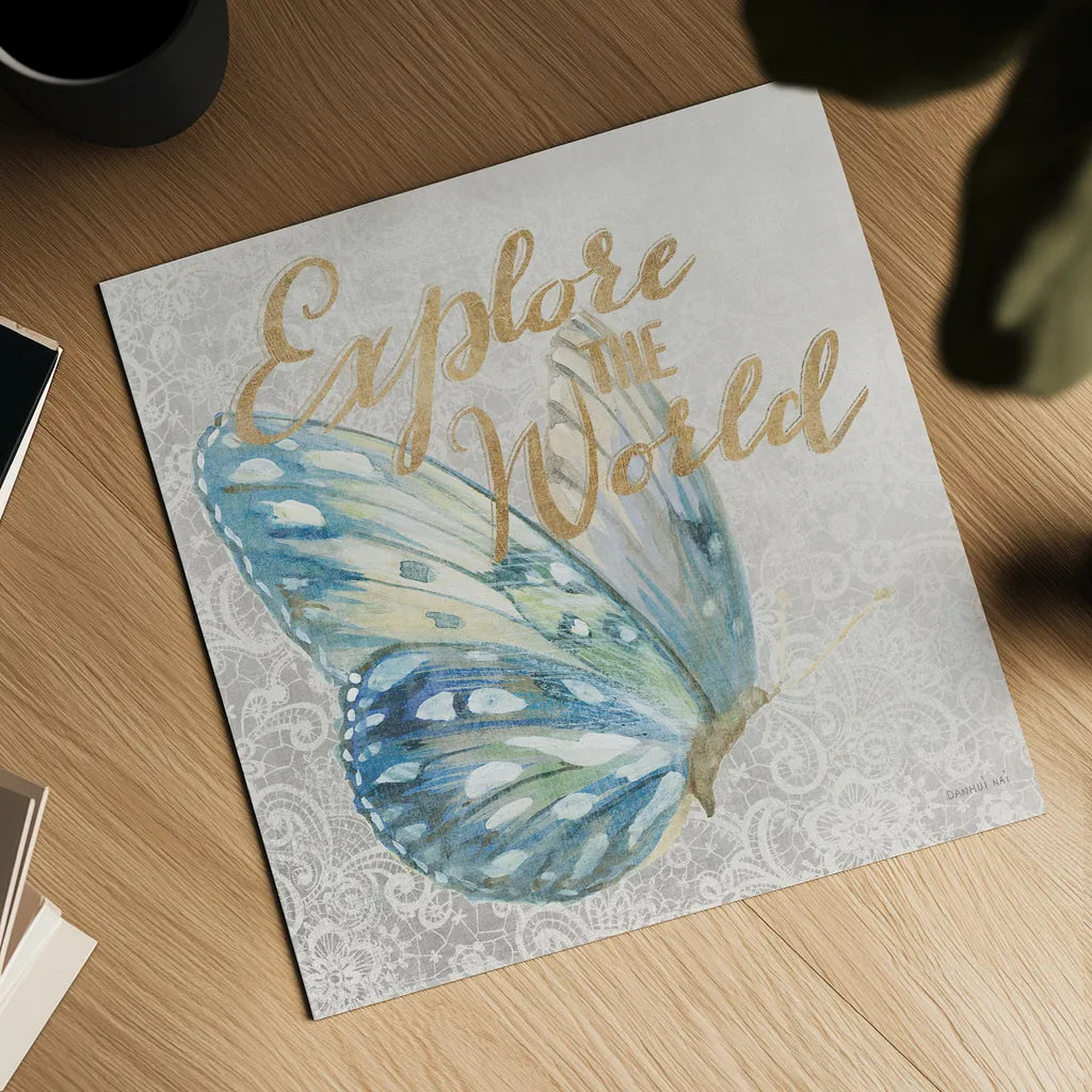 Textile Floral Butterfly III by Danhui Nai. Shown as a detailed flat fine art print, highlighting archival giclee quality. Available as an archival giclee rolled canvas, fine art paper, or poster print. SKU 25977a.