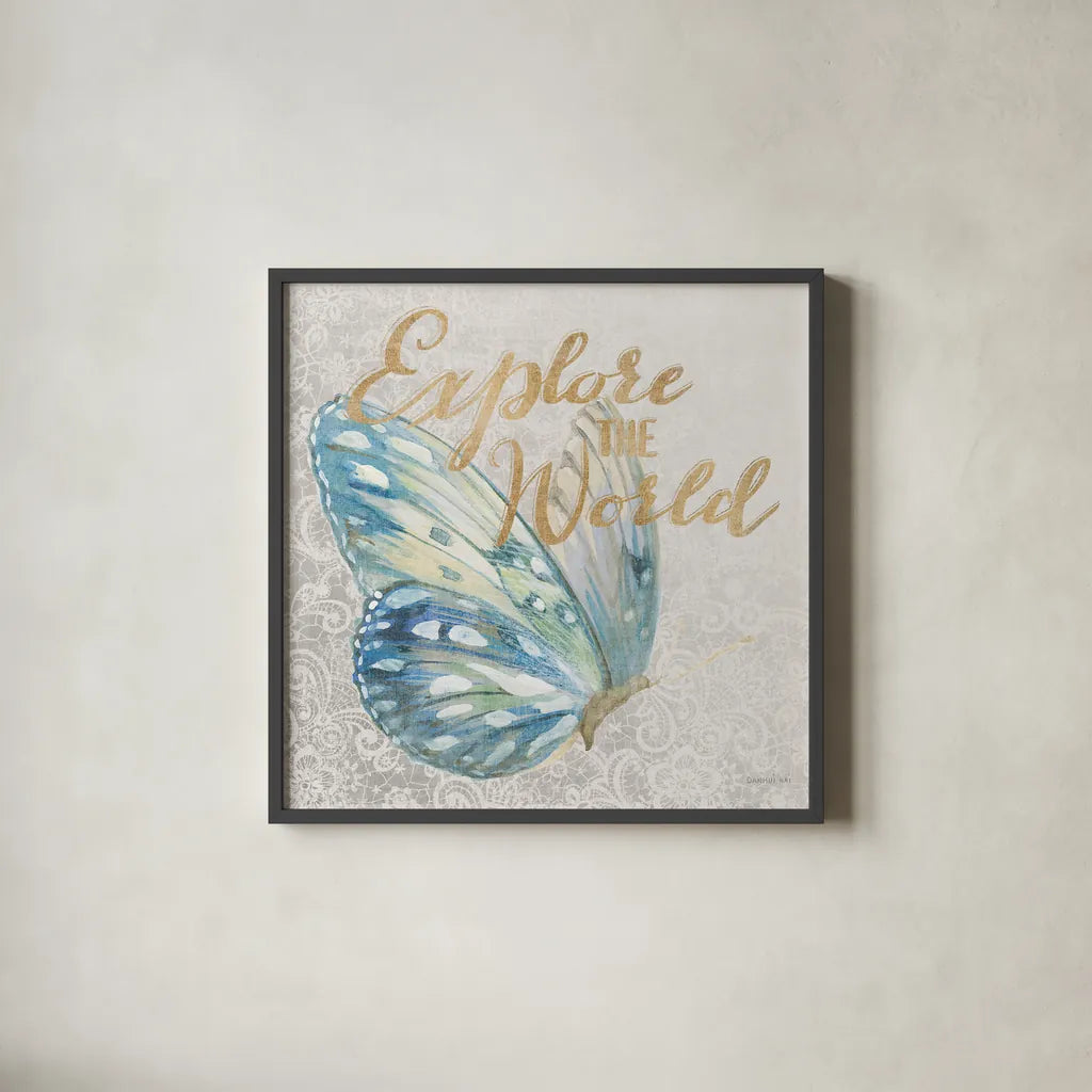 Textile Floral Butterfly III by Danhui Nai. Shown in a sleek black glass frame for a contemporary gallery look. Available as an archival giclee rolled canvas, fine art paper, or poster print. SKU 25977a.