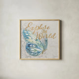 Textile Floral Butterfly III by Danhui Nai. Shown in a natural wood glass frame for a timeless modern aesthetic. Available as an archival giclee rolled canvas, fine art paper, or poster print. SKU 25977a.