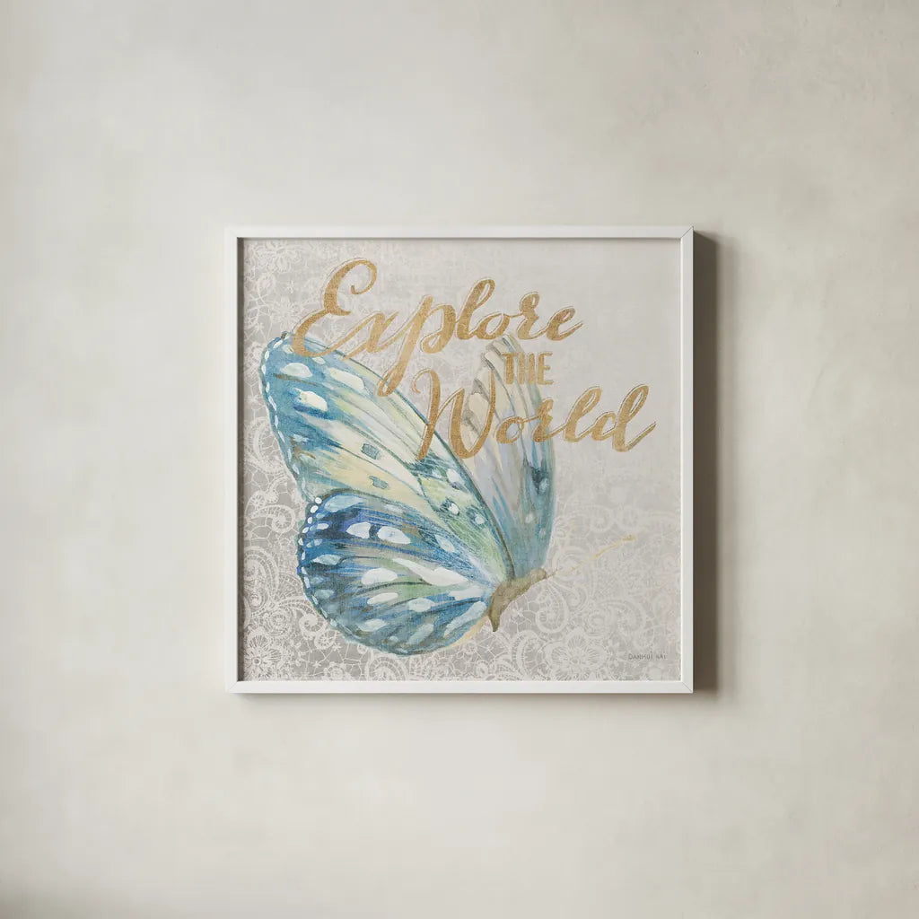 Textile Floral Butterfly III by Danhui Nai. Shown in a crisp white glass frame for a clean and minimalist style. Available as an archival giclee rolled canvas, fine art paper, or poster print. SKU 25977a.