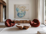 Textile Floral Butterfly III by Danhui Nai. Shown as extra-large giant wall art in a modern living room. Available as an archival giclee rolled canvas, fine art paper, or poster print. SKU 25977a.