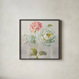 Textile Floral Square I No Lace by Danhui Nai. Shown in a sleek black glass frame for a contemporary gallery look. Available as an archival giclee rolled canvas, fine art paper, or poster print. SKU 16978a.