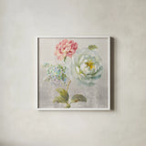 Textile Floral Square I No Lace by Danhui Nai. Shown in a crisp white glass frame for a clean and minimalist style. Available as an archival giclee rolled canvas, fine art paper, or poster print. SKU 16978a.