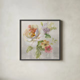 Textile Floral Square II - No Lace by Danhui Nai. Shown in a sleek black glass frame for a contemporary gallery look. Available as an archival giclee rolled canvas, fine art paper, or poster print. SKU 16979a.