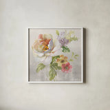 Textile Floral Square II - No Lace by Danhui Nai. Shown in a crisp white glass frame for a clean and minimalist style. Available as an archival giclee rolled canvas, fine art paper, or poster print. SKU 16979a.