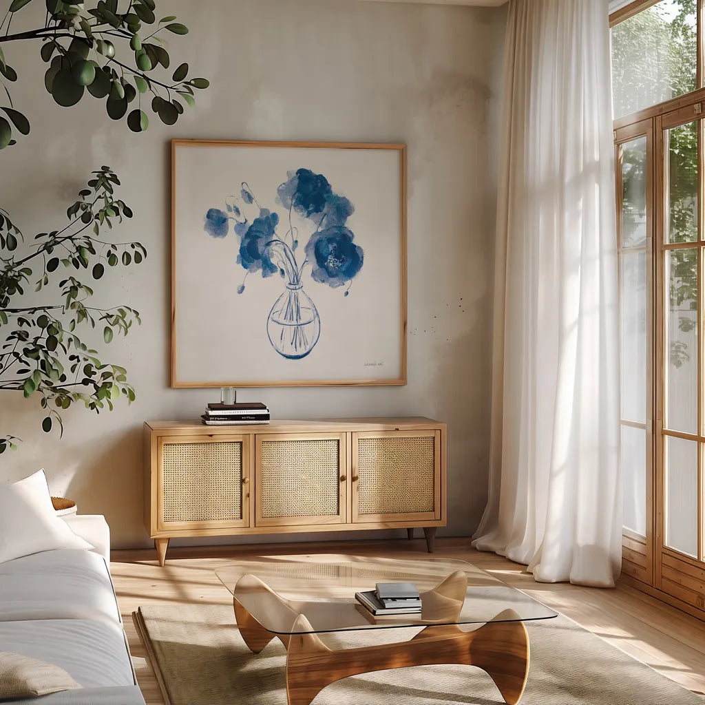 Textured Garden Cuttings II by Danhui Nai. Shown in a natural wood frame in a cozy modern living room. Available as an archival giclee rolled canvas, fine art paper, or poster print. SKU 77427a.