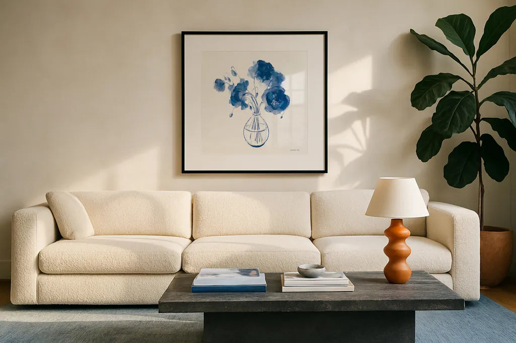 Textured Garden Cuttings II by Danhui Nai. Displayed in a glass frame with matte in a clean modern living room. Available as an archival giclee rolled canvas, fine art paper, or poster print. SKU 77427a.