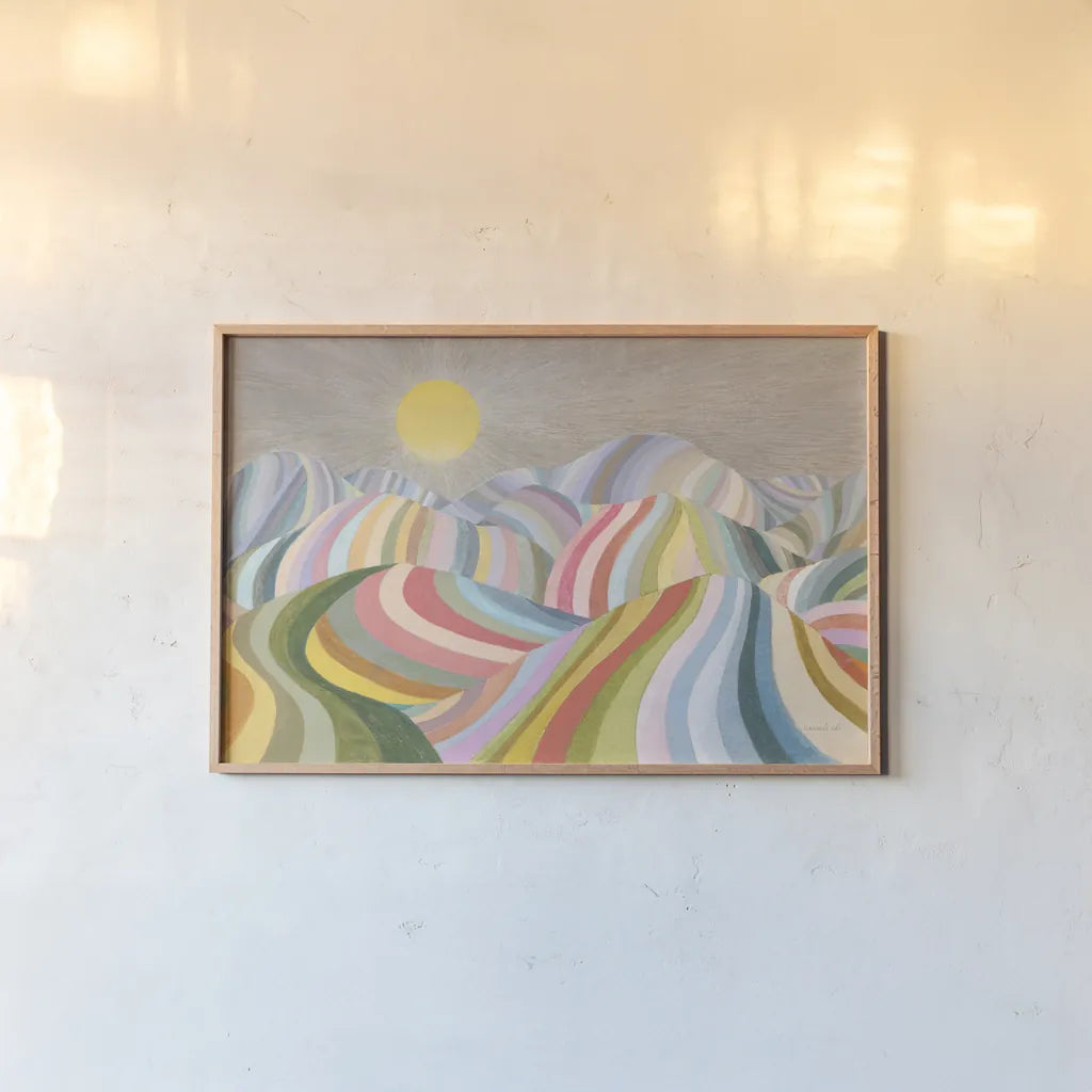 The Hills Roll On by Danhui Nai. shown as a paper print in a natural frame. Available as a archival giclee rolled canvas, fine art paper, or poster print. SKU 66057i.