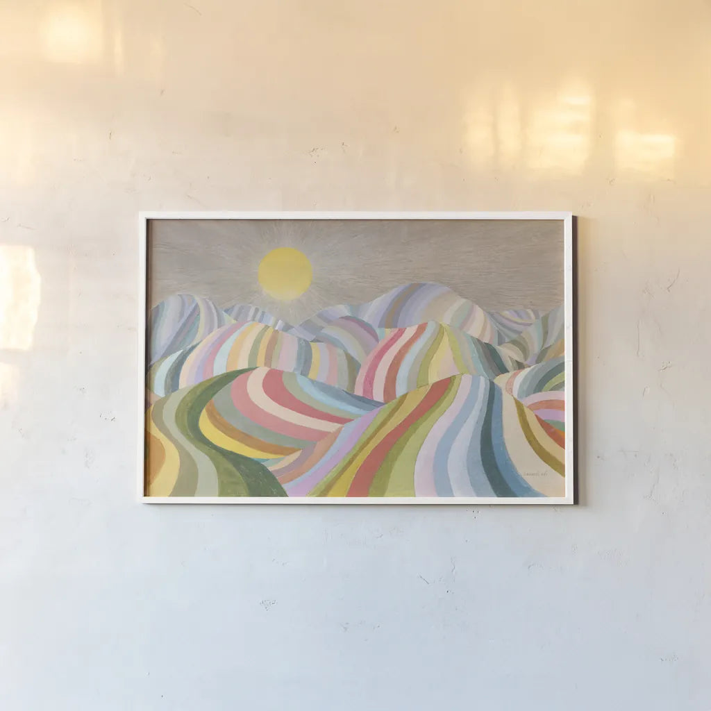 The Hills Roll On by Danhui Nai. shown as a paper print in a white frame. Available as a archival giclee rolled canvas, fine art paper, or poster print. SKU 66057i.
