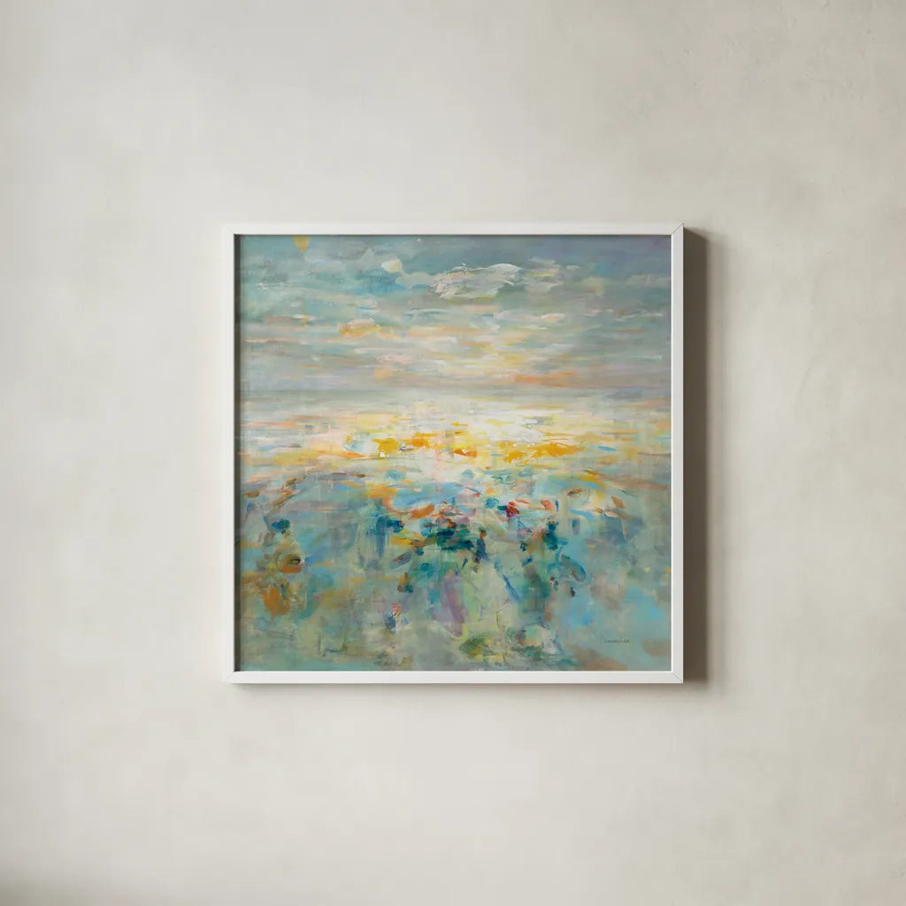 The Sea is Calling by Danhui Nai. Shown in a crisp white glass frame for a clean and minimalist style. Available as an archival giclee rolled canvas, fine art paper, or poster print. SKU 72021a.