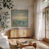 The Sea is Calling by Danhui Nai. Shown in a natural wood frame in a cozy modern living room. Available as an archival giclee rolled canvas, fine art paper, or poster print. SKU 72021a.
