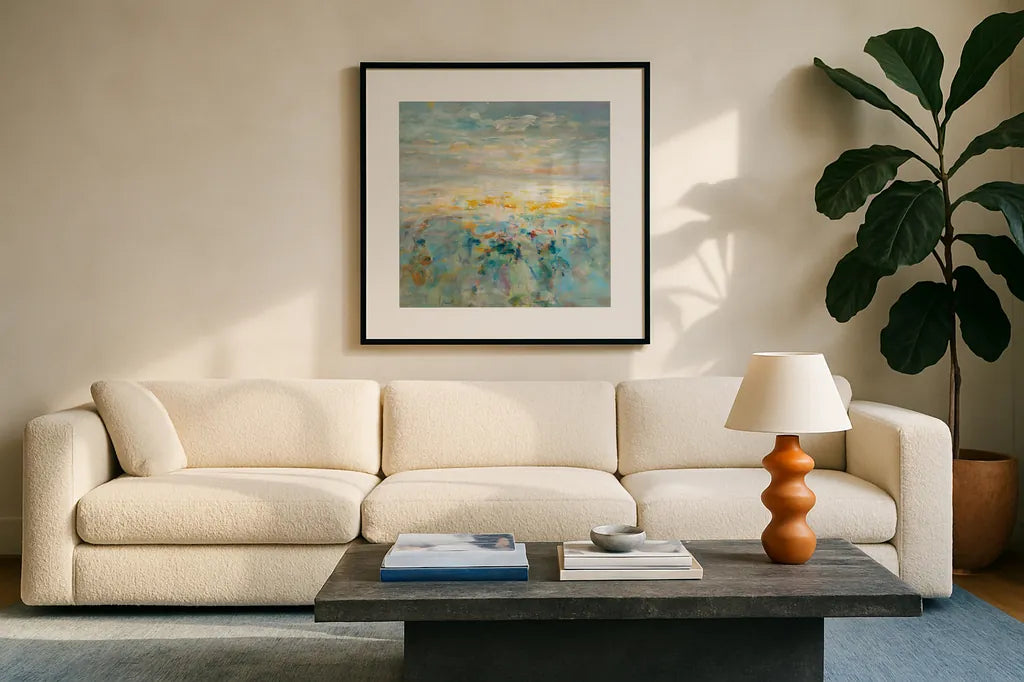 The Sea is Calling by Danhui Nai. Displayed in a glass frame with matte in a clean modern living room. Available as an archival giclee rolled canvas, fine art paper, or poster print. SKU 72021a.