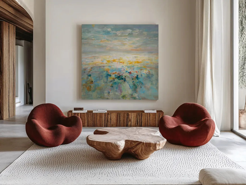 The Sea is Calling by Danhui Nai. Shown as extra-large giant wall art in a modern living room. Available as an archival giclee rolled canvas, fine art paper, or poster print. SKU 72021a.