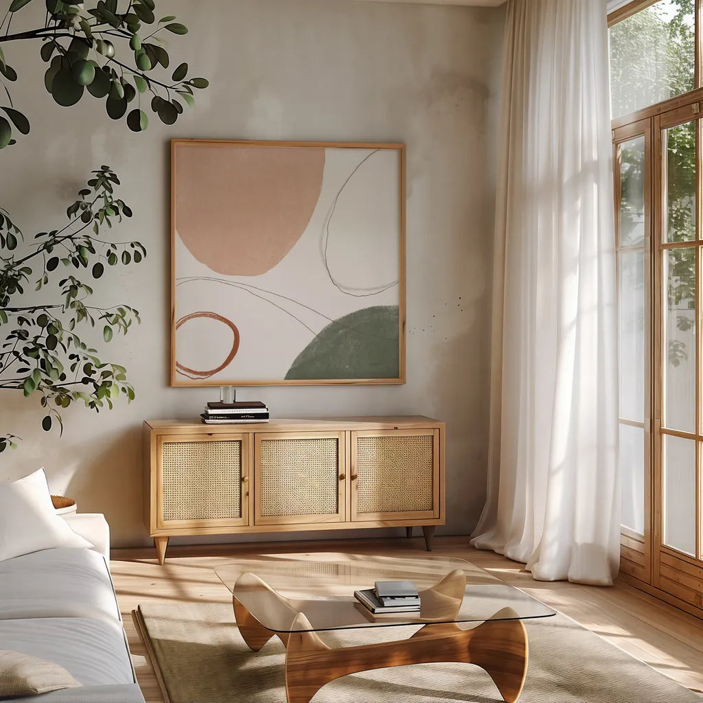 Threads of Motion I Warm Crop by Danhui Nai. Shown in a natural wood frame in a cozy modern living room. Available as an archival giclee rolled canvas, fine art paper, or poster print. SKU 68841a.