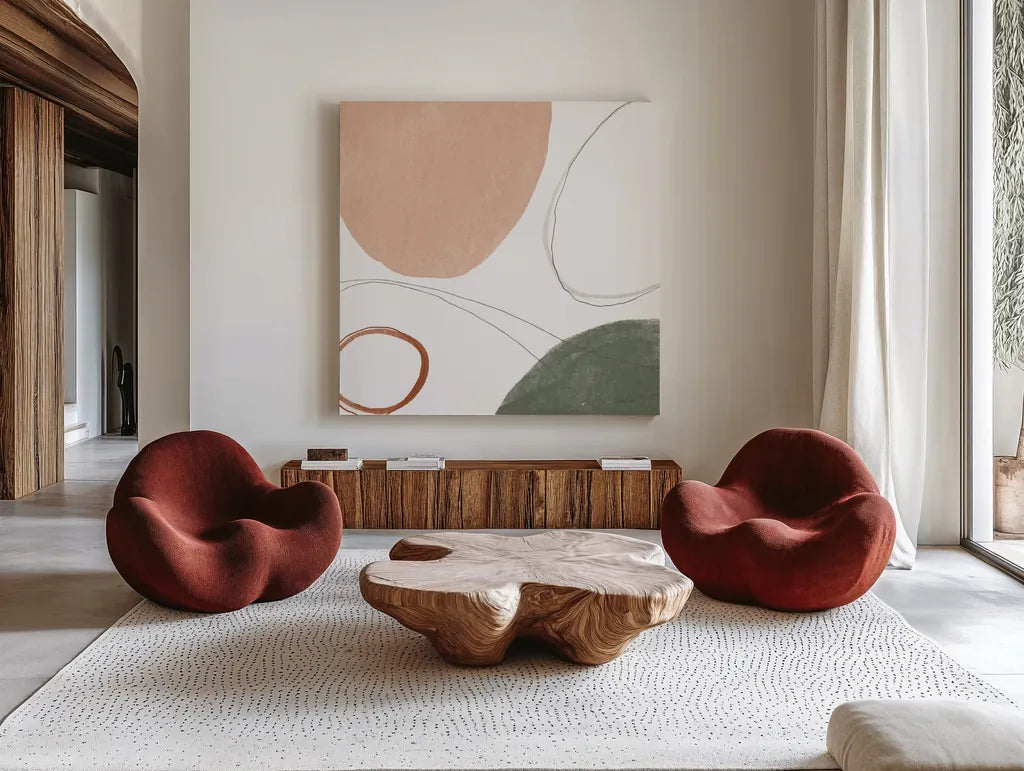 Threads of Motion I Warm Crop by Danhui Nai. Shown as extra-large giant wall art in a modern living room. Available as an archival giclee rolled canvas, fine art paper, or poster print. SKU 68841a.