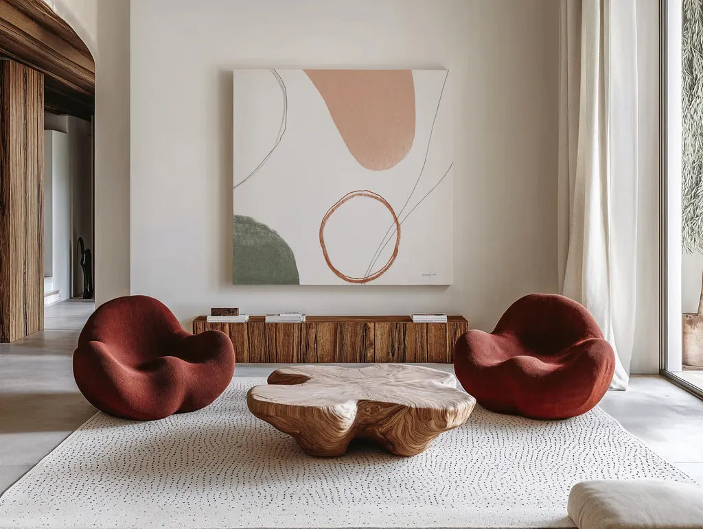 Threads of Motion II Warm Crop by Danhui Nai. Shown as extra-large giant wall art in a modern living room. Available as an archival giclee rolled canvas, fine art paper, or poster print. SKU 68842a.