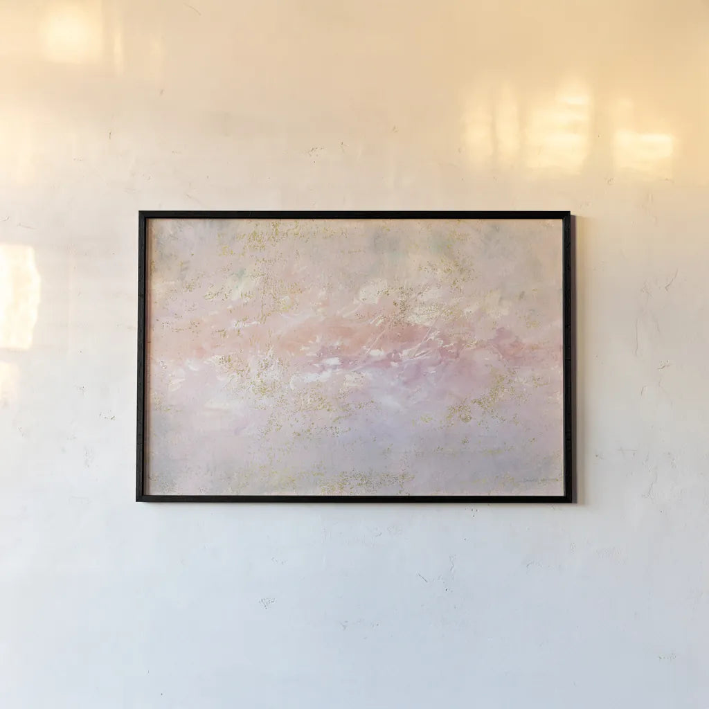 Through Fog Blush and Gold by Danhui Nai. shown as a paper print in a black flame. Available as a archival giclee rolled canvas, fine art paper, or poster print. SKU 71365i.