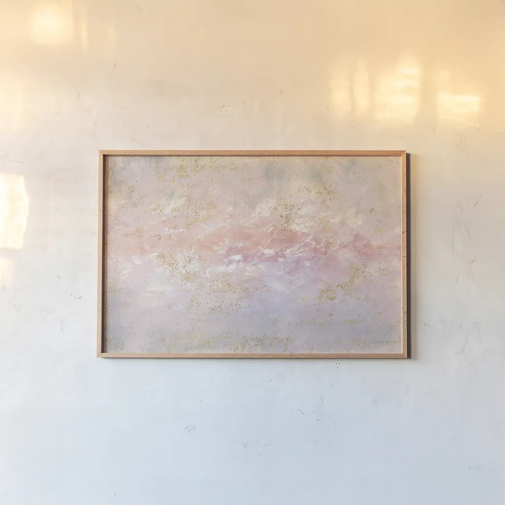 Through Fog Blush and Gold by Danhui Nai. shown as a paper print in a natural frame. Available as a archival giclee rolled canvas, fine art paper, or poster print. SKU 71365i.