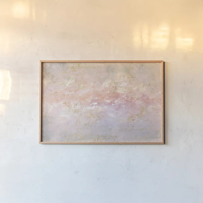 Through Fog Blush and Gold by Danhui Nai. shown as a paper print in a natural frame. Available as a archival giclee rolled canvas, fine art paper, or poster print. SKU 71365i.