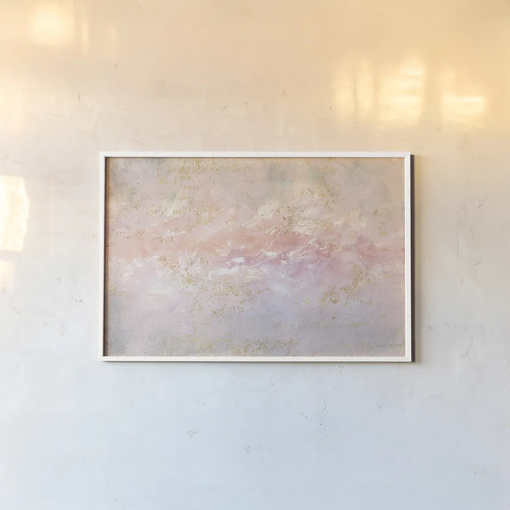 Through Fog Blush and Gold by Danhui Nai. shown as a paper print in a white frame. Available as a archival giclee rolled canvas, fine art paper, or poster print. SKU 71365i.
