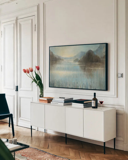 Through the Mist Crop by Danhui Nai. shown as a framed stretched canvas in a living room above a console. Available as a archival giclee rolled canvas, fine art paper, or poster print. SKU 28649i.