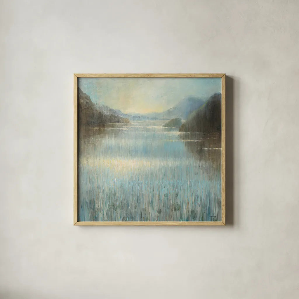 Through the Mist Square by Danhui Nai. Shown in a natural wood glass frame for a timeless modern aesthetic. Available as an archival giclee rolled canvas, fine art paper, or poster print. SKU 28649a.