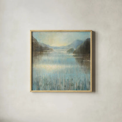 Through the Mist Square by Danhui Nai. Shown in a natural wood glass frame for a timeless modern aesthetic. Available as an archival giclee rolled canvas, fine art paper, or poster print. SKU 28649a.