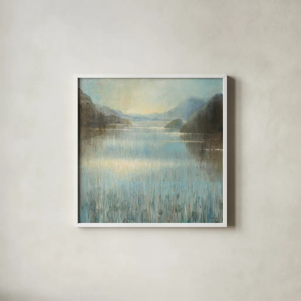 Through the Mist Square by Danhui Nai. Shown in a crisp white glass frame for a clean and minimalist style. Available as an archival giclee rolled canvas, fine art paper, or poster print. SKU 28649a.