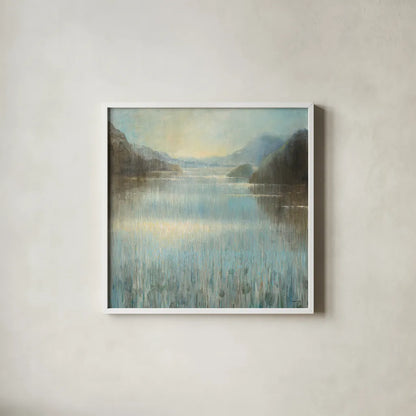 Through the Mist Square by Danhui Nai. Shown in a crisp white glass frame for a clean and minimalist style. Available as an archival giclee rolled canvas, fine art paper, or poster print. SKU 28649a.