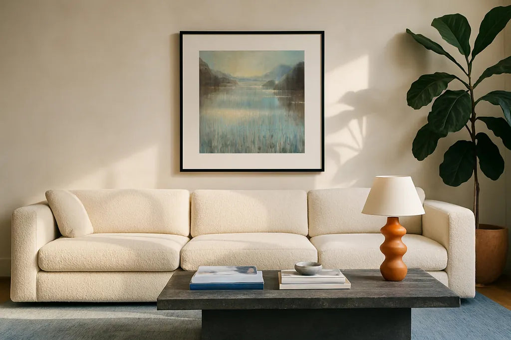 Through the Mist Square by Danhui Nai. Displayed in a glass frame with matte in a clean modern living room. Available as an archival giclee rolled canvas, fine art paper, or poster print. SKU 28649a.