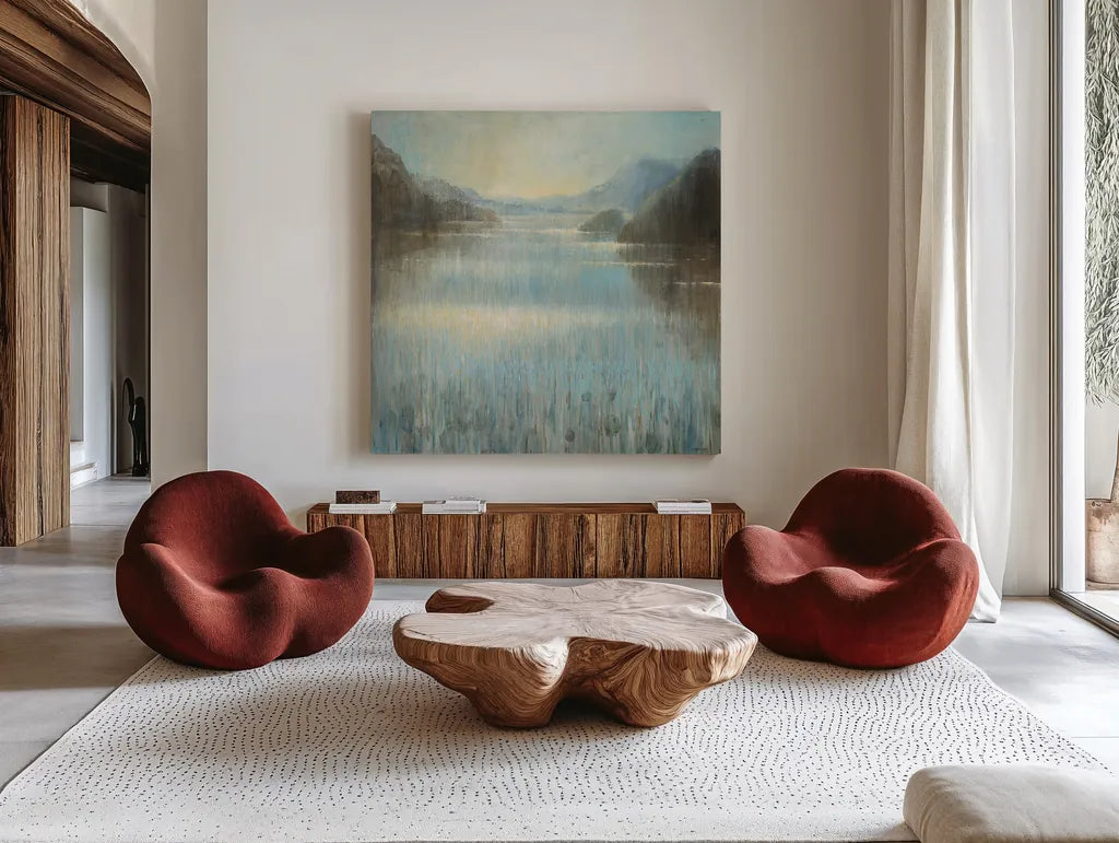 Through the Mist Square by Danhui Nai. Shown as extra-large giant wall art in a modern living room. Available as an archival giclee rolled canvas, fine art paper, or poster print. SKU 28649a.