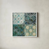 Tile Element 4 Up by Danhui Nai. Shown in a crisp white glass frame for a clean and minimalist style. Available as an archival giclee rolled canvas, fine art paper, or poster print. SKU 30801a.