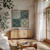 Tile Element 4 Up by Danhui Nai. Shown in a natural wood frame in a cozy modern living room. Available as an archival giclee rolled canvas, fine art paper, or poster print. SKU 30801a.